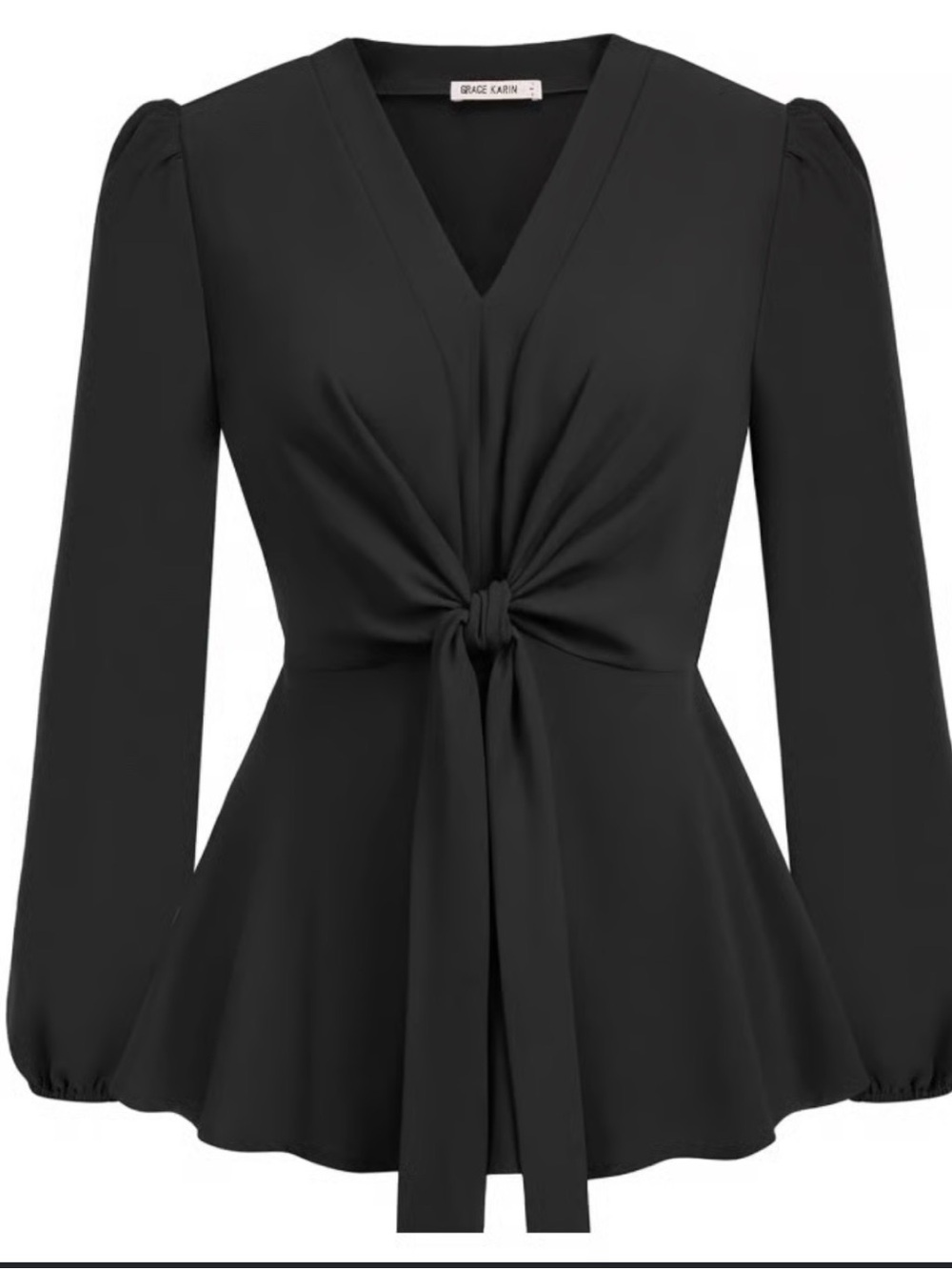 Grace Karin Black V-Neck Tie-Waist Peplum Blouse